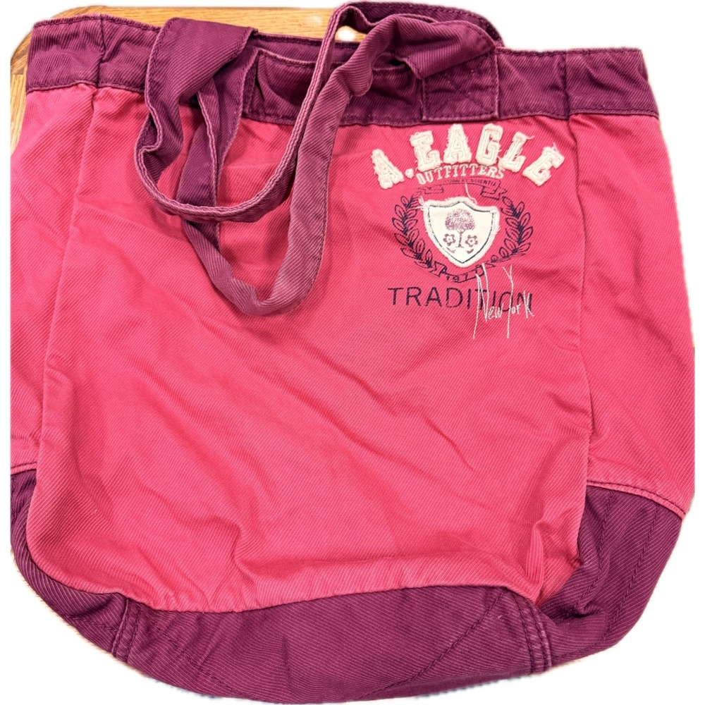 American Eagle Outfitters Pink Purple Canvas Tote Bag Varsity Crest Logo